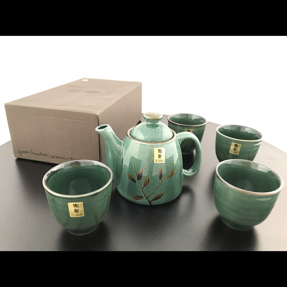 Tougei green bamboo ceramic tea set (+ 4 cups)